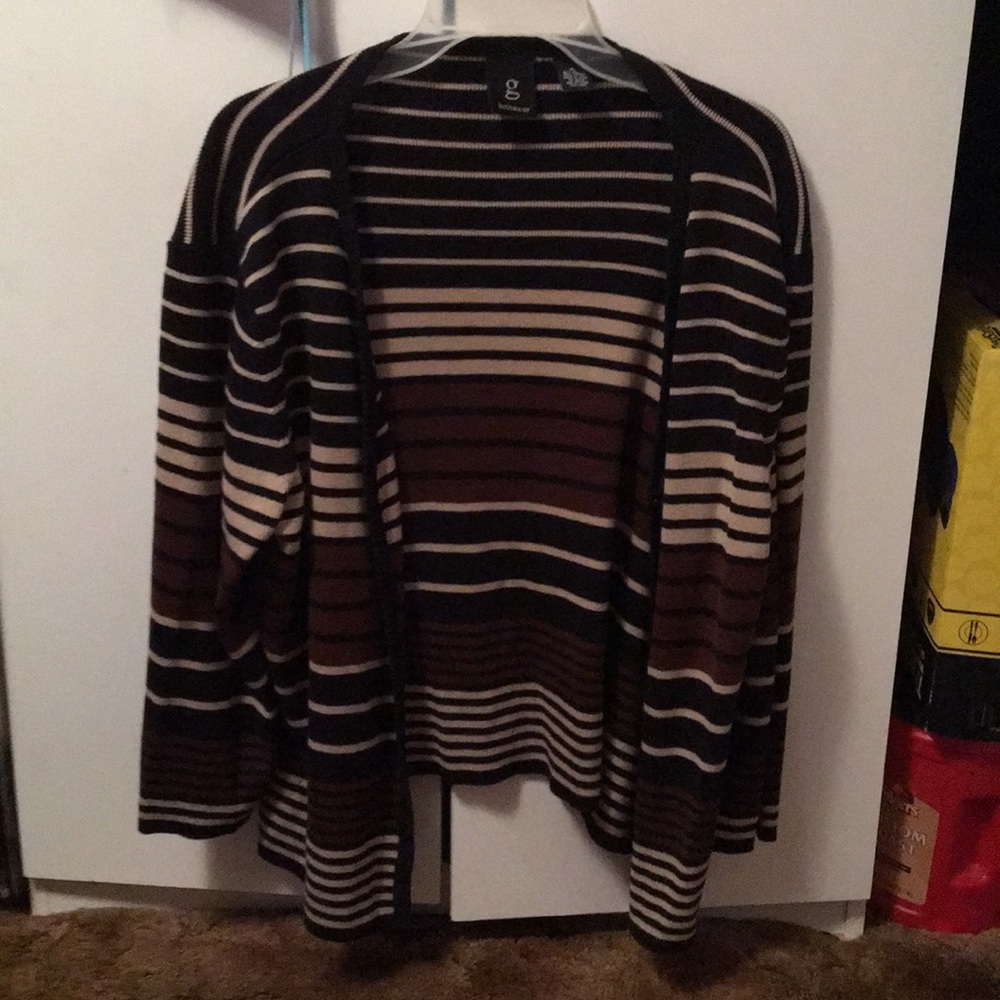 Black and brown striped cardigan sweater.
